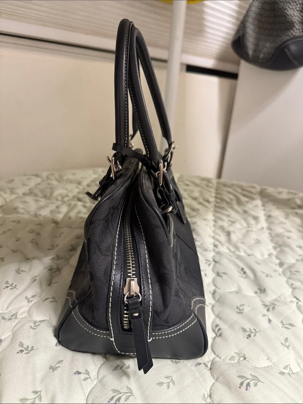 Coach Black Signature Satchel with Leather Trim